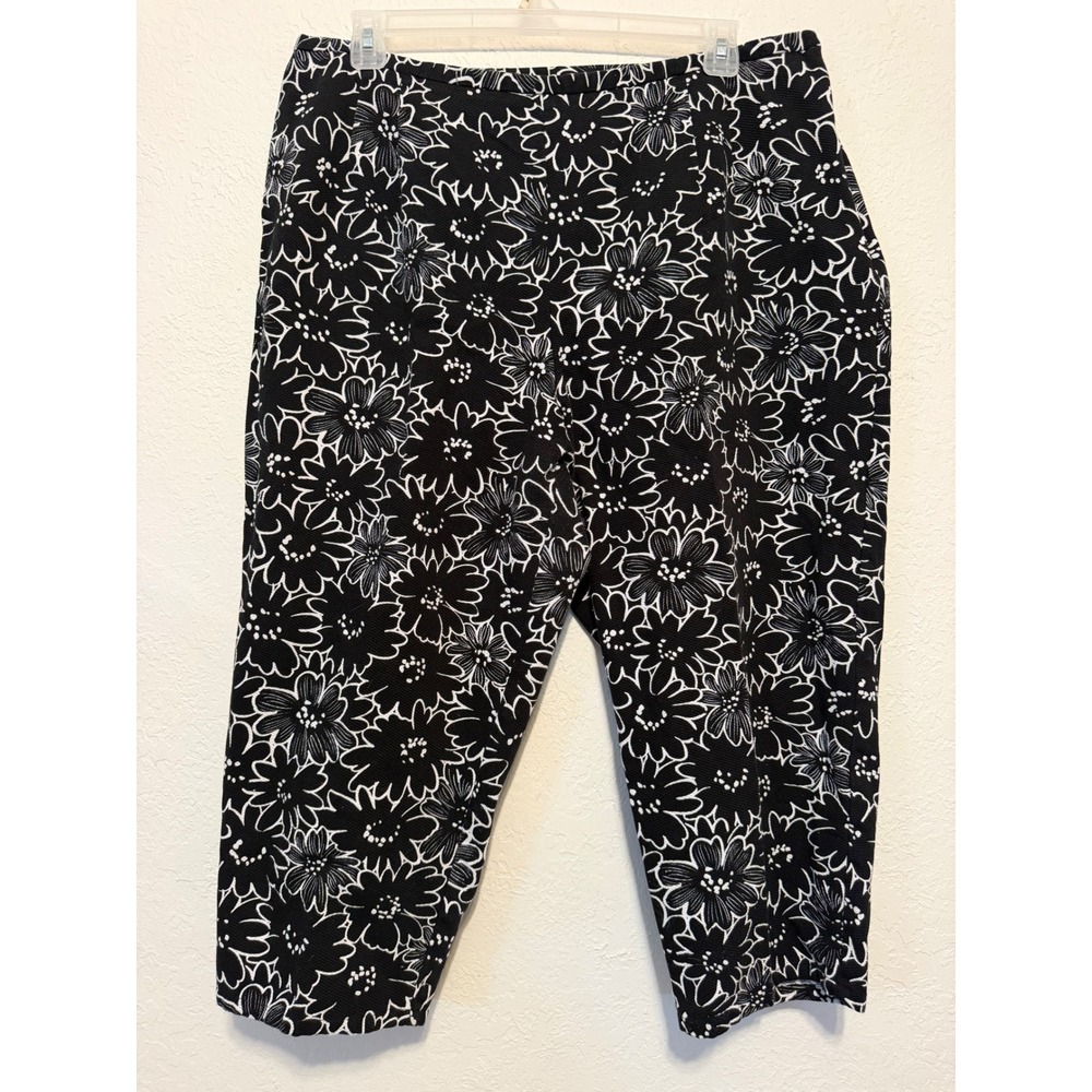 Talbots Woman Black White Floral Crop Pants 20W Cotton Side Zip Straight Leg